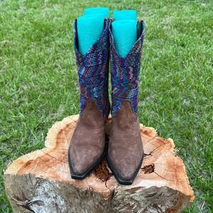 Handmade Cowboy Boots Suede Leather Colorful Woven Western Boots Size‎ 39 (8.5)